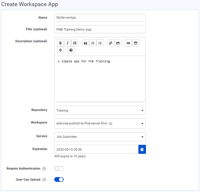Create Workspace App page
